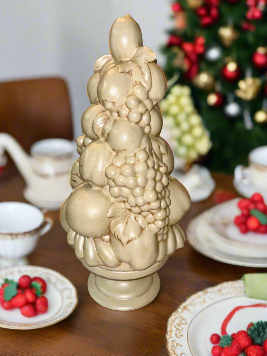 Vintage (16”) Fruit Topiary Centerpiece, White on Pedestal Base, 1964