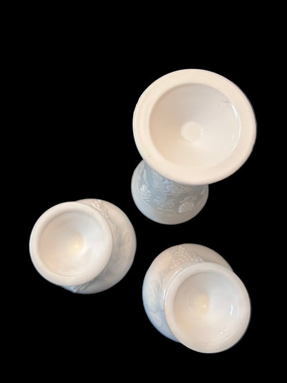 Vintage Milk Glass 3-Piece Set: Grape & Leaf Pedestal ( 8”)Vase with Matching Taper Candle
Holders