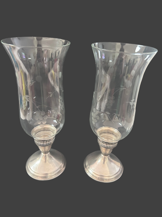 Vintage Duchin Creation Sterling Silver Weighted Candlestick with Etched Glass Hurricane Shades