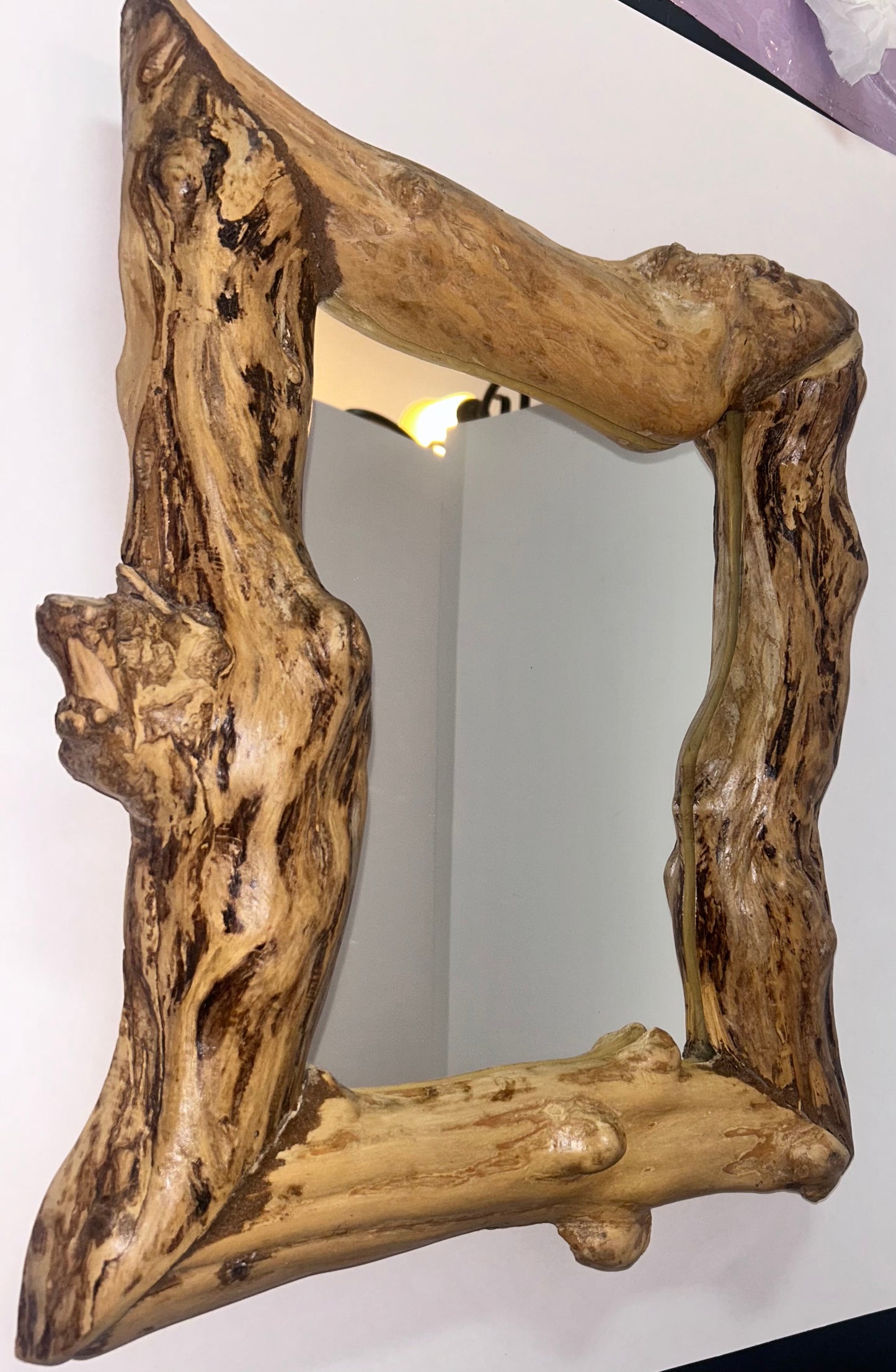 Vintage Artisan Hand-Carved Solid Wood Mirror - 19x16 Signed "Chen" - Rustic Live Edge Studio Craft