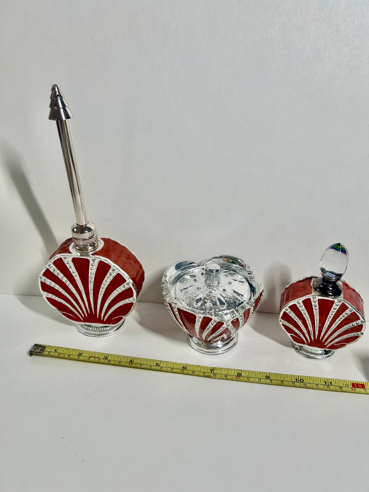 Vintage 3-Piece Red Enamel & Silver-Tone Shell Vanity Set - Perfume Sprinkler, Powder Jar & Dabber Bottle