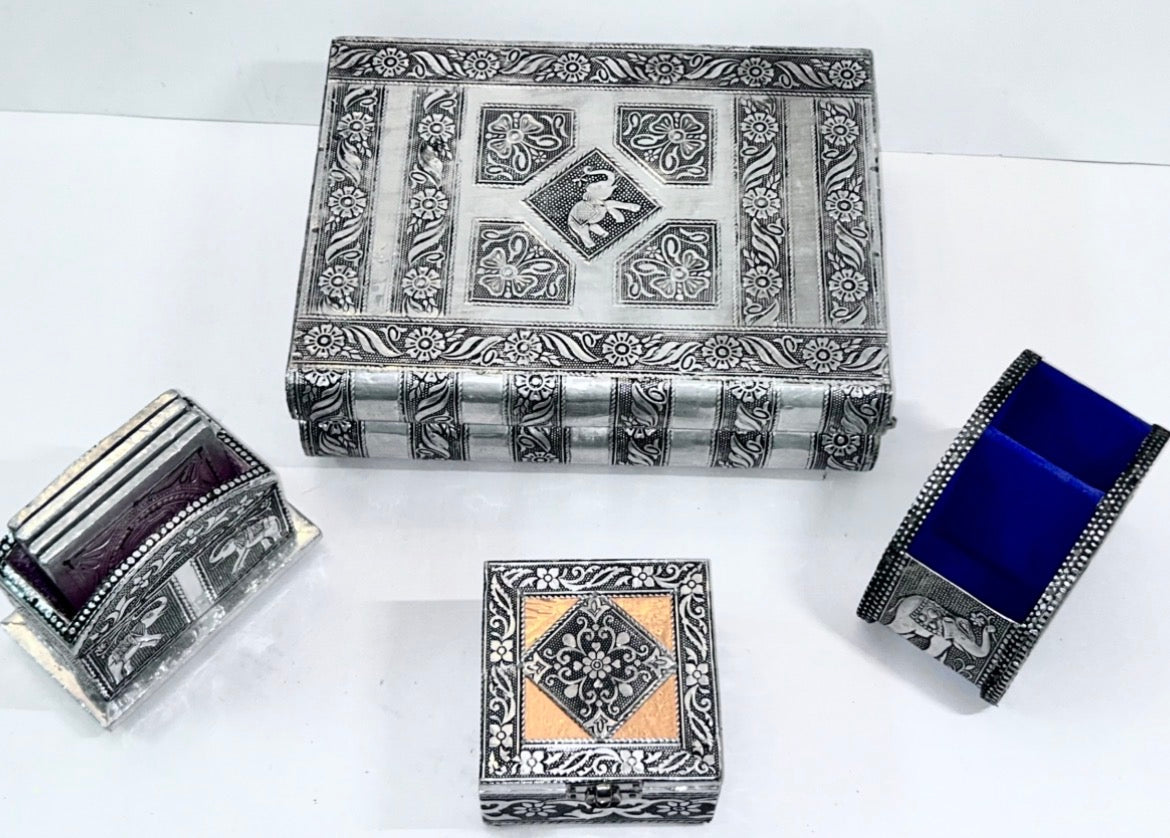 Vintage 4-Piece Handcrafted Embossed Silver Vanity & Jewelry Box Set w/ Coasters