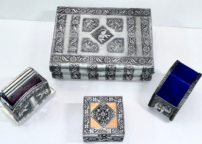 Vintage 4-Piece Handcrafted Embossed Silver Vanity & Jewelry Box Set w/ Coasters