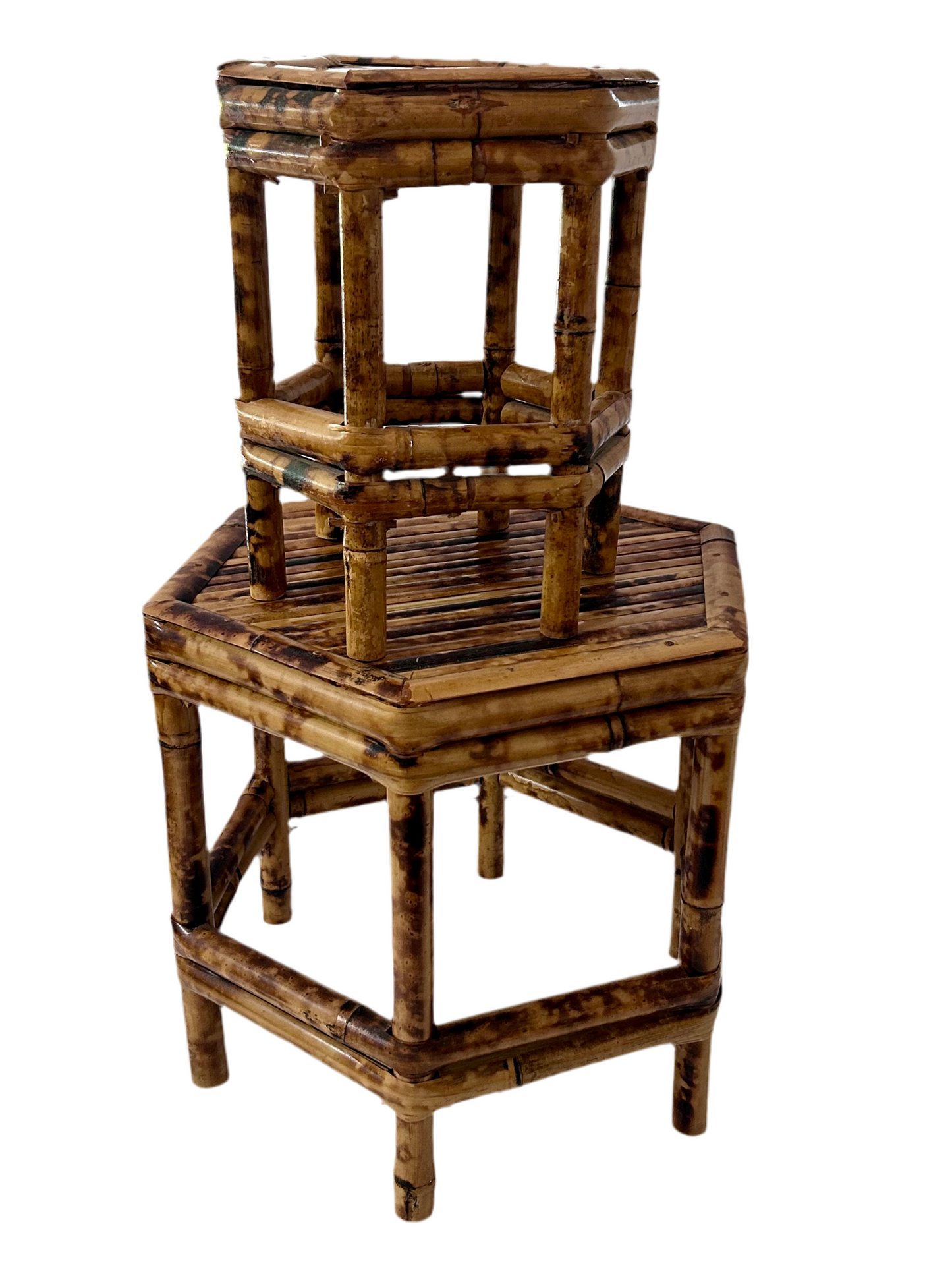 Vintage Burnt Bamboo Hexagonal Plant Stands Nesting Table Raisers (Set of 2)