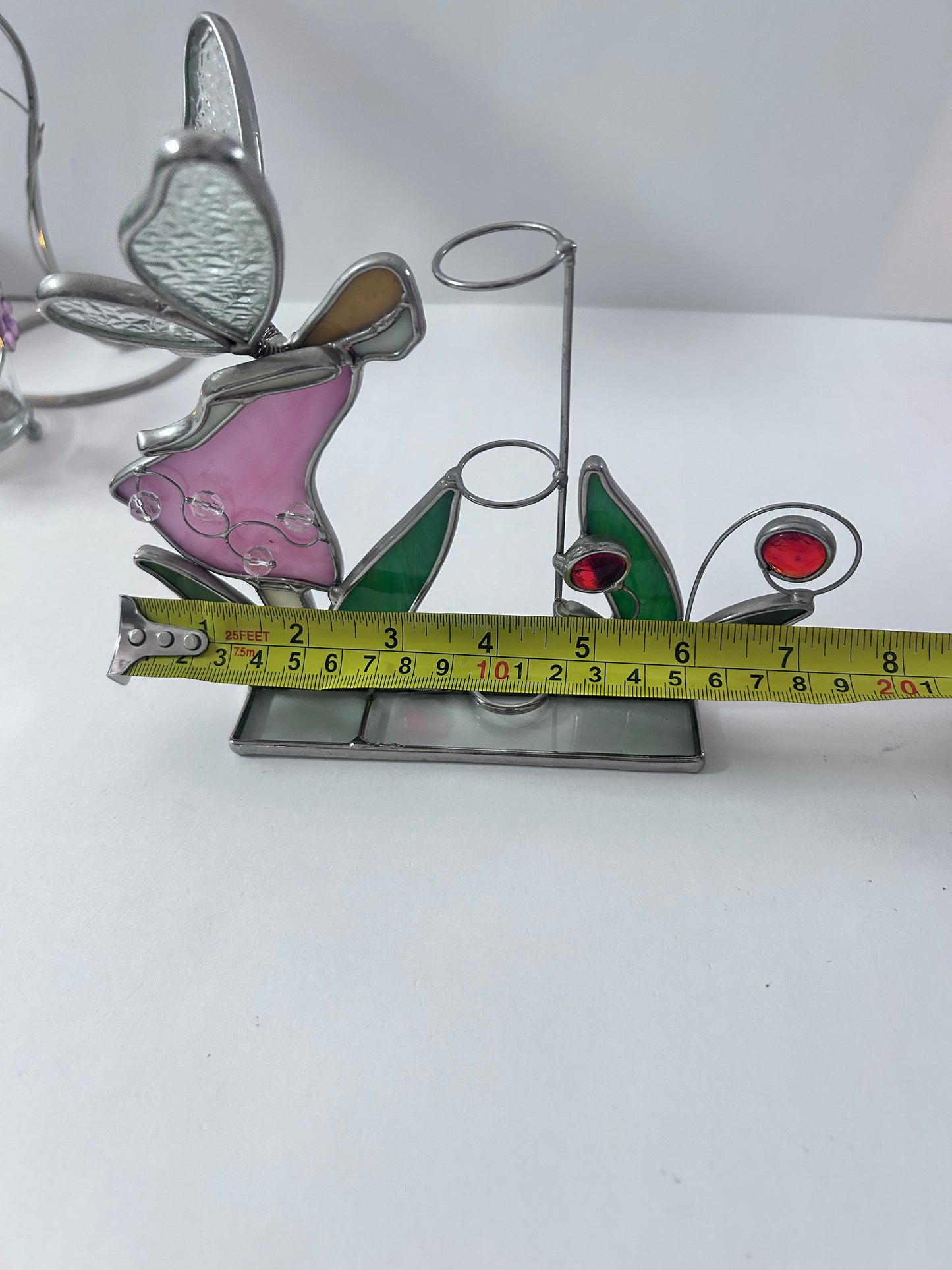 Vintage Stained Glass Candle Holder Lot (Set of 4) - Pink Flower with Blue Butterfly, Angel, Fairy Garden & Jeweled Votive Cup