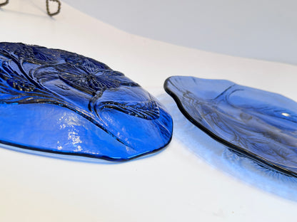 Pair of Hand Crafted Art Glass Cobalt Thistle Motif Plates/- Signed "TD" (8.5”)