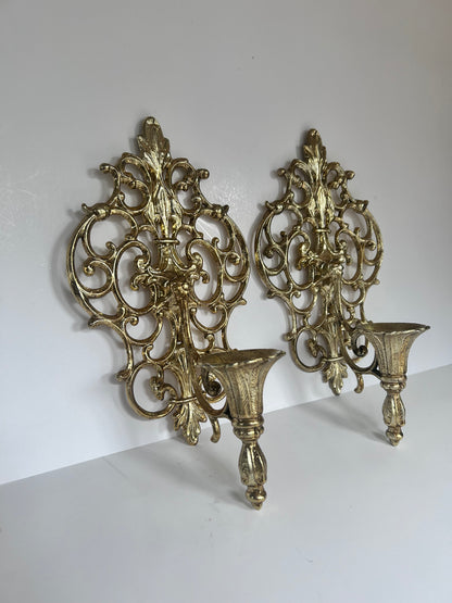 Pair of Vintage Mid Century Filigree Brass/Brass Plated Wall Sconces Candle Holders, French Rococo Style
