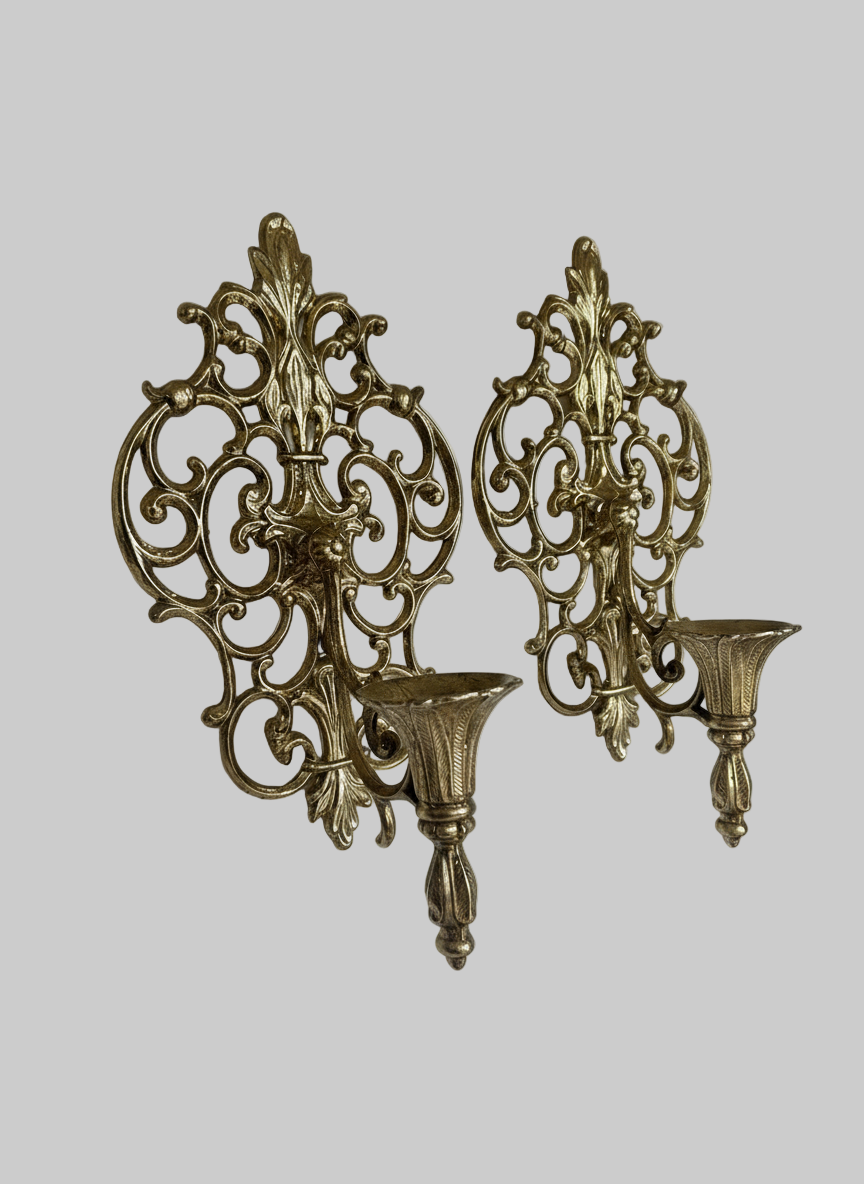Pair of Vintage Mid Century Filigree Brass/Brass Plated Wall Sconces Candle Holders, French Rococo Style