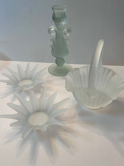 Vintage EAPG SATIN FROSTED Glass LOT |Moon & Star Compote/Candy Dish, Tall Candle Holder, Basket | Milk Glass (Set of 4)