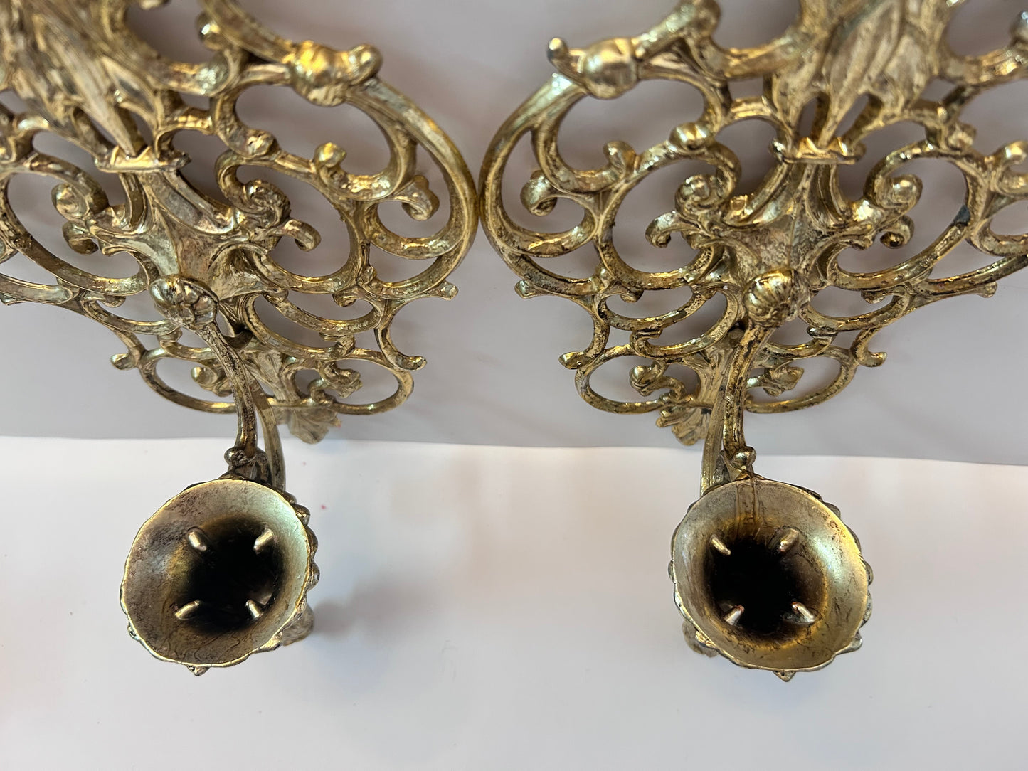 Pair of Vintage Mid Century Filigree Brass/Brass Plated Wall Sconces Candle Holders, French Rococo Style