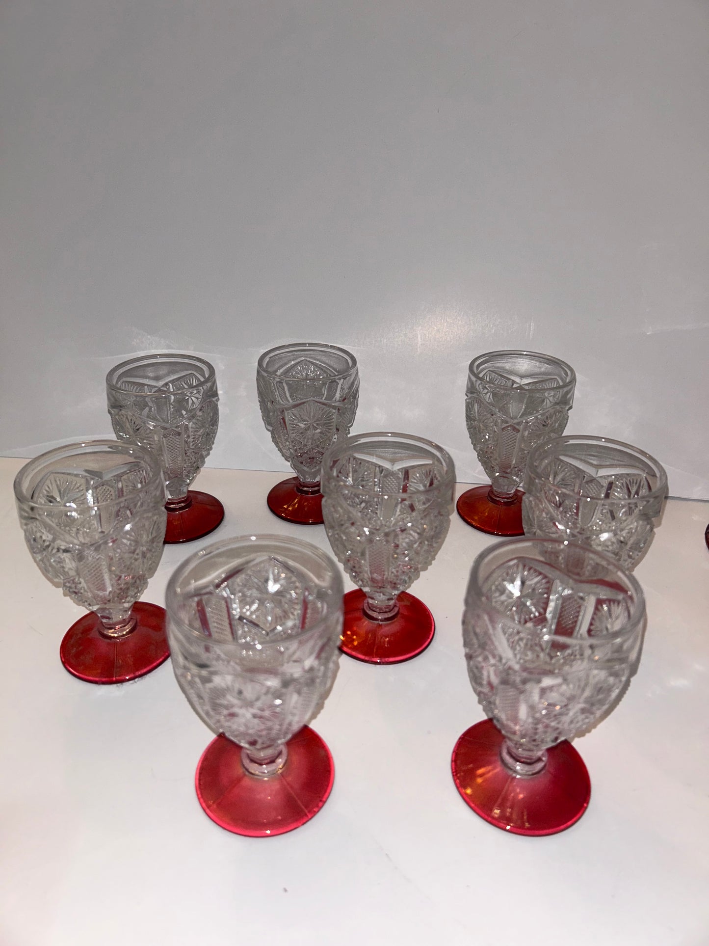 9-Pc Hollywood Regency Ruby Cut-to-Clear Decanter & Ormolu Mirrored Tray Set