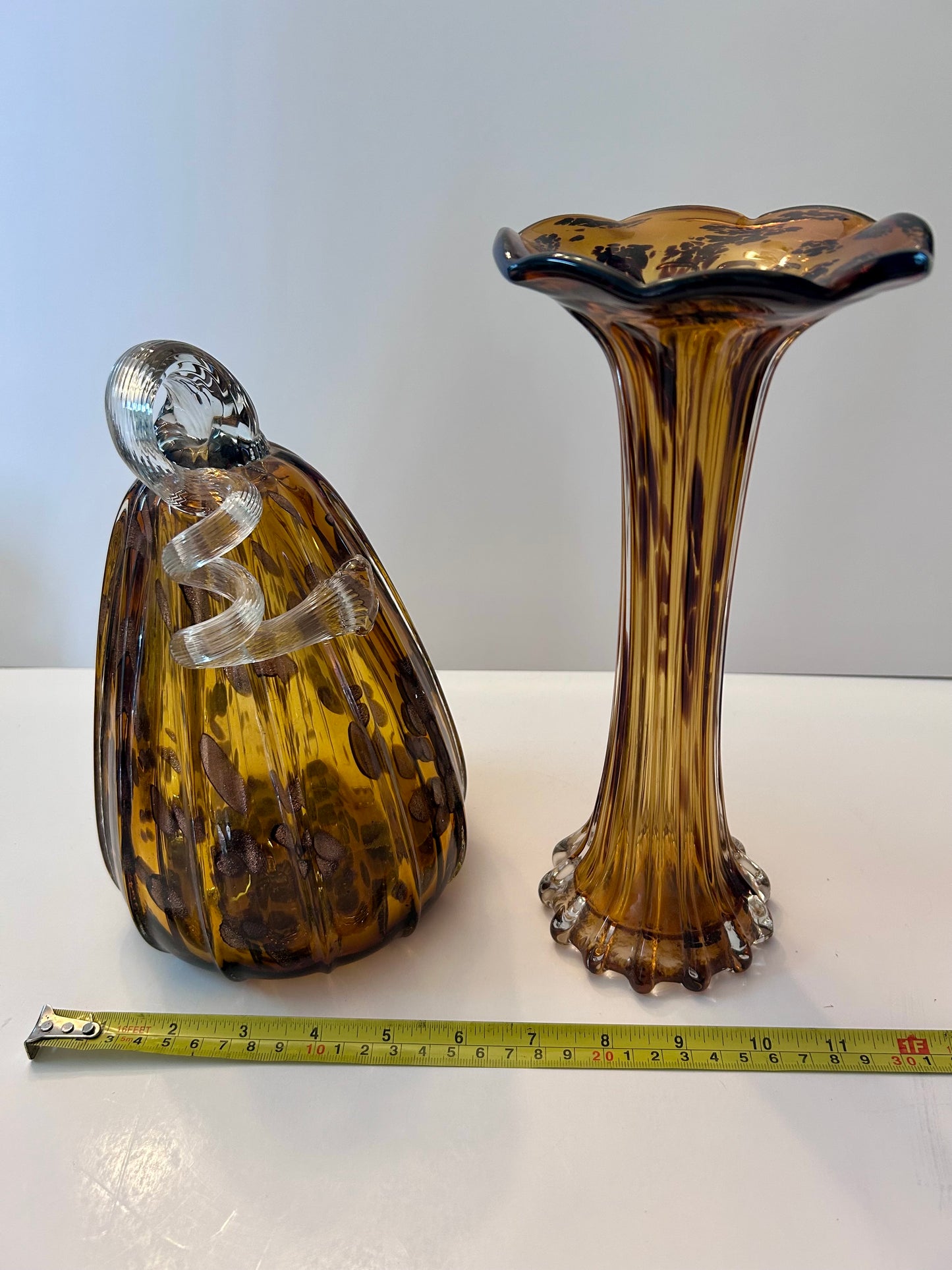 Stunning Mid-Century Modern Art Glass Hand Blown Set |Ruffled Flute Vase & Ribbed Pumpkin