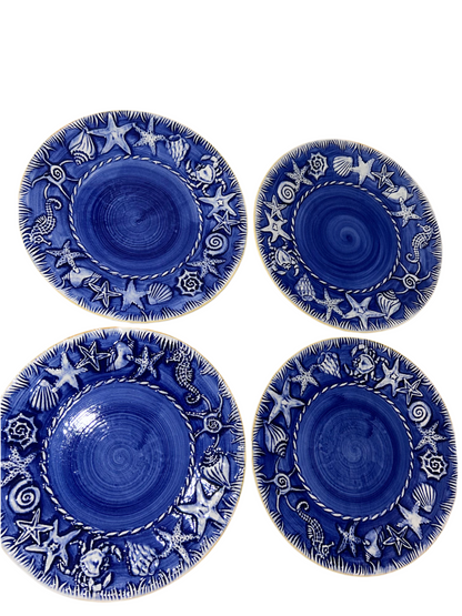 Unique Portuguese Coastal Treasures Stoneware/Ceramic Glazed (11”) Dinner Plates (Set of 4)