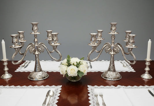 Vintage Silver Plated Victorian Style Floral Candelabra - Set of Two