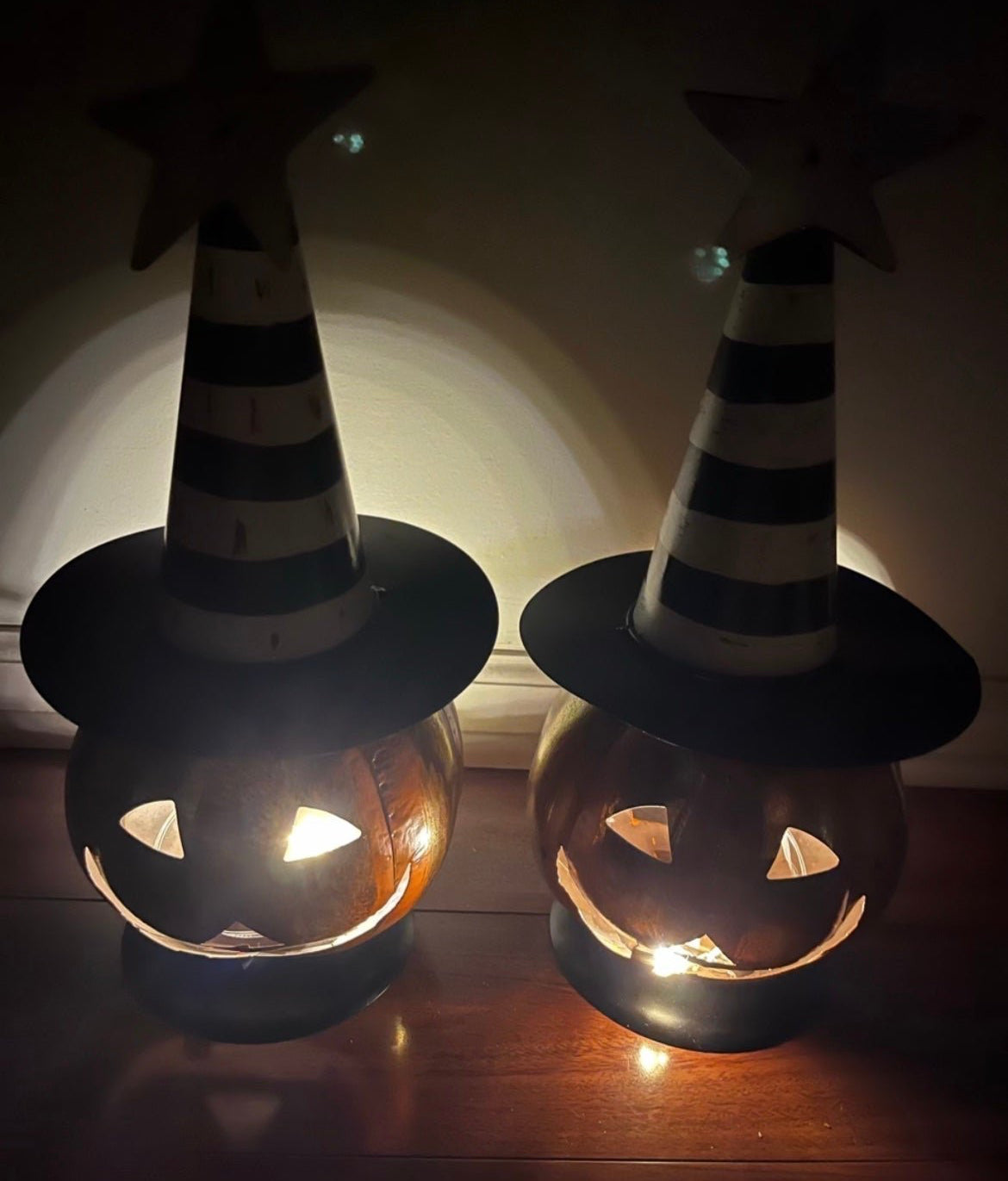 Pair of Metal Jack O Lantern Figurines With Black & White Hat & Led Lights