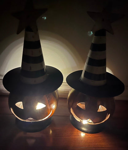 Pair of Metal Jack O Lantern Figurines With Black & White Hat & Led Lights