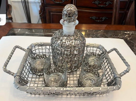 Ornate Silver-Plated Decanter Set with Matching Glasses + Bonus Mid-Century French Basket