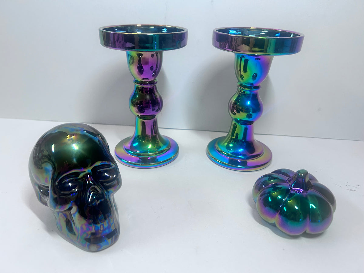 Title: 4-Piece Iridescent Halloween Decor Set:
Ceramic Skull & Pumpkin with Glass Pillar Candle Holders