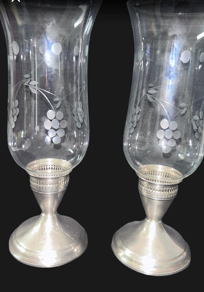 Vintage Duchin Creation Sterling Silver Weighted Candlestick with Etched Glass Hurricane Shades