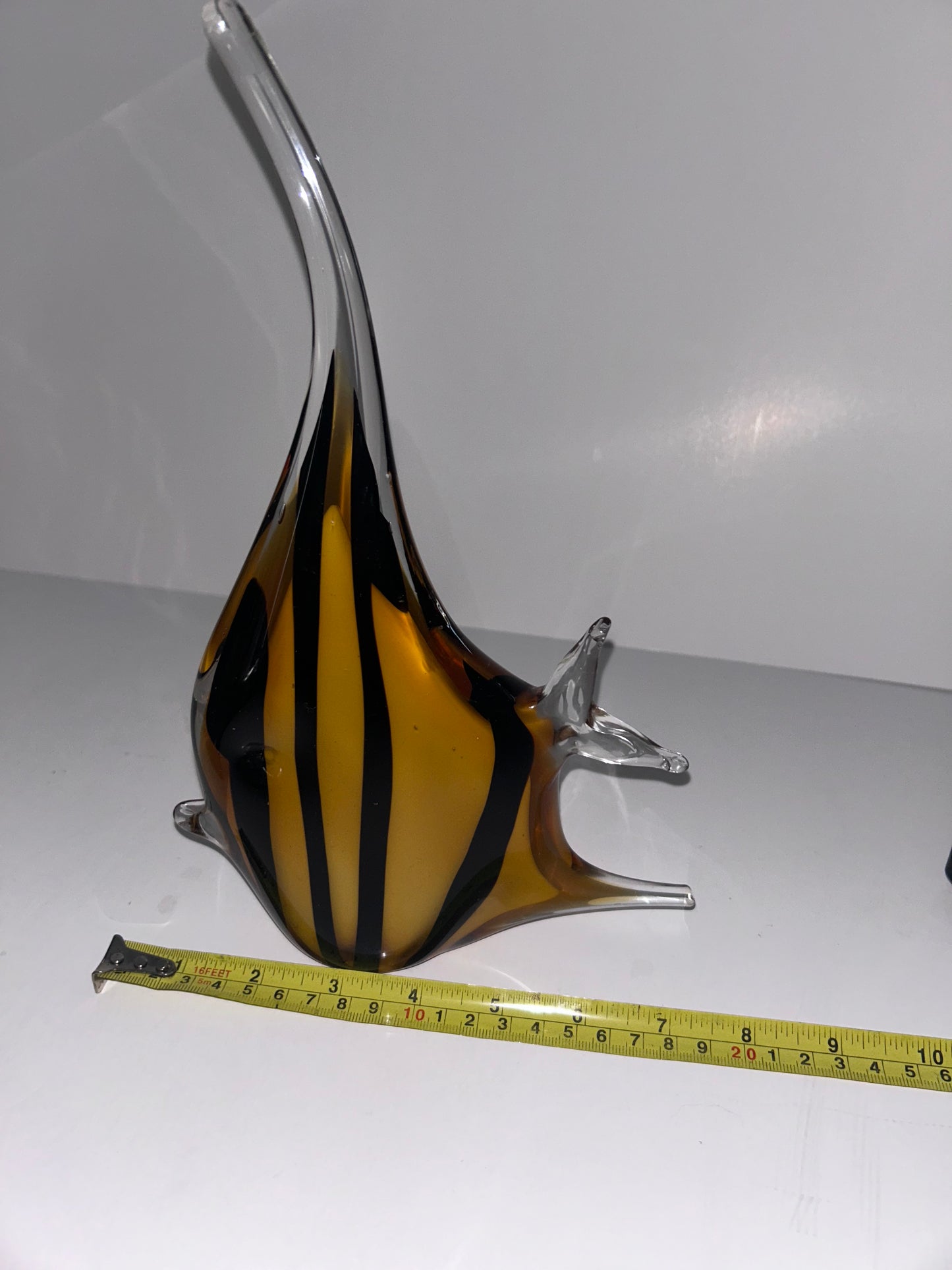 Magnificent Mid-Century Modern Amber & Black Striped Hand Blown Art Glass Angelfish 
Sculpture - Murano Style
