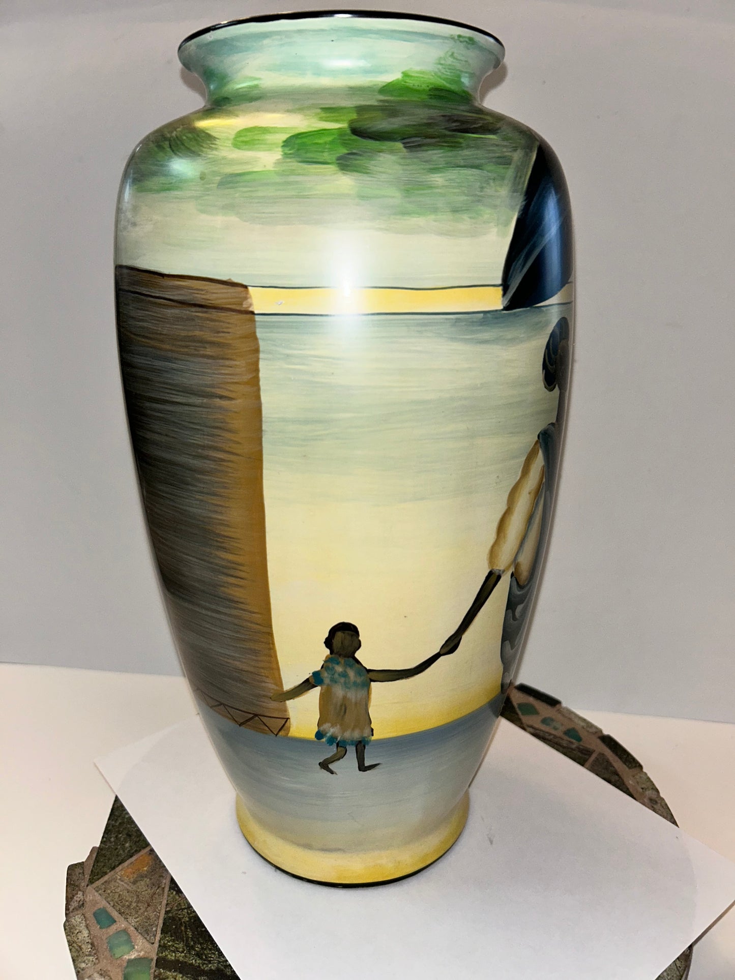 Barrington Collection 14" Hand-Painted Ceramic Vase - African Village Narrative Scene 14