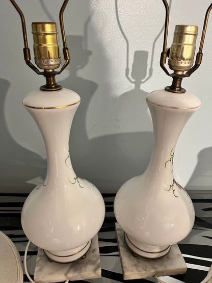 Mid - Century Italians Hand-Painted Milk Glass Lamps – Glossy Finish with Genuine Carrara Marble Base