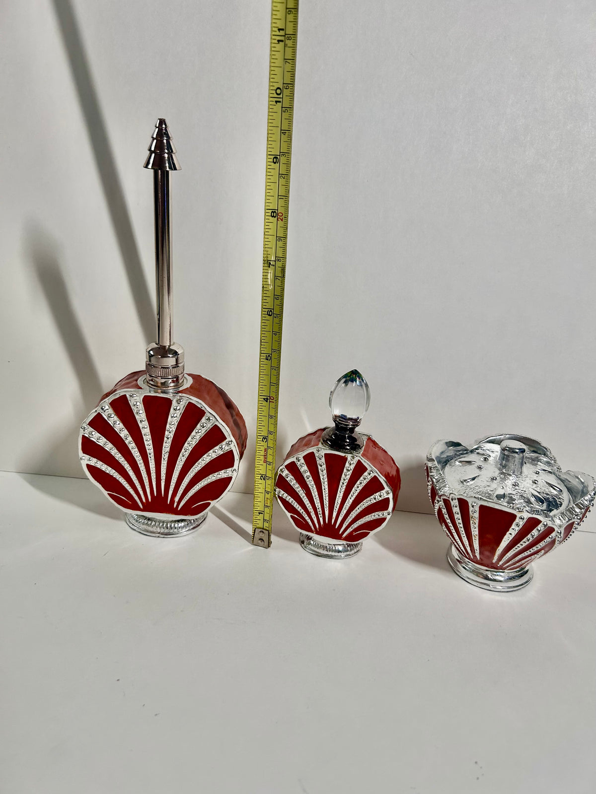 Vintage 3-Piece Red Enamel & Silver-Tone Shell Vanity Set - Perfume Sprinkler, Powder Jar & Dabber Bottle