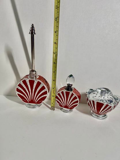Vintage 3-Piece Red Enamel & Silver-Tone Shell Vanity Set - Perfume Sprinkler, Powder Jar & Dabber Bottle