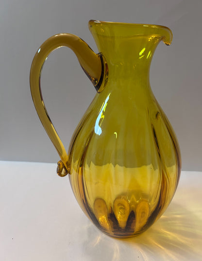 Vintage Blenko Light Amber Art Glass Pitcher with Fluted Ribs