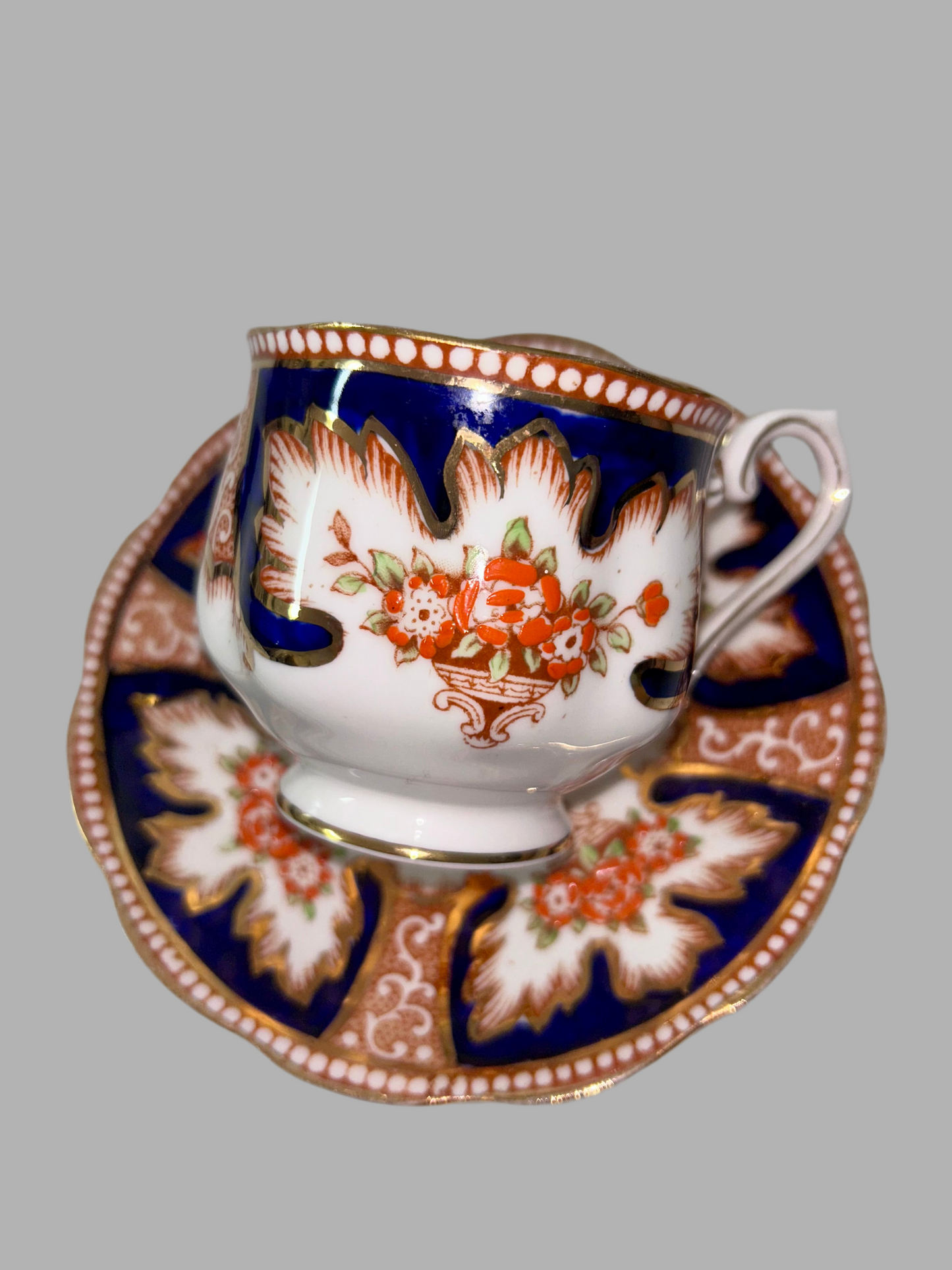 Exquisite Royal Albert "Royalty" Bone China Teacup and Saucer - Cobalt Blue & Orange Floral