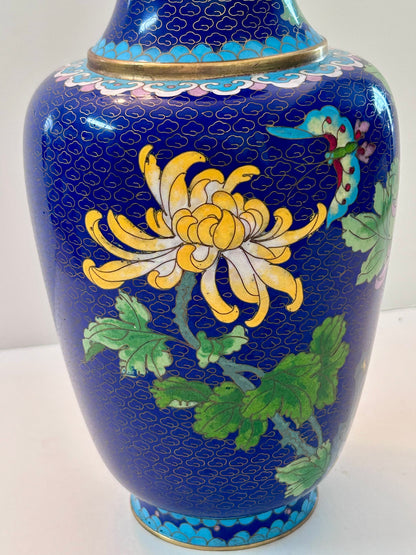 Vintage Cloisonné Over Copper Vase 12" H - Chrysanthemum & Butterfly Design