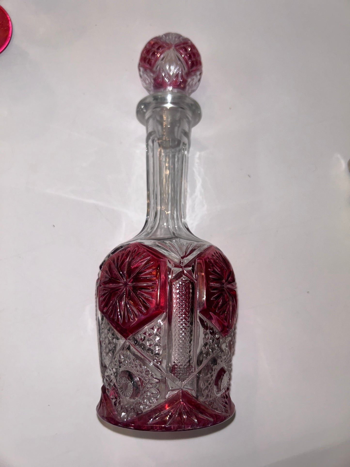 9-Pc Hollywood Regency Ruby Cut-to-Clear Decanter & Ormolu Mirrored Tray Set