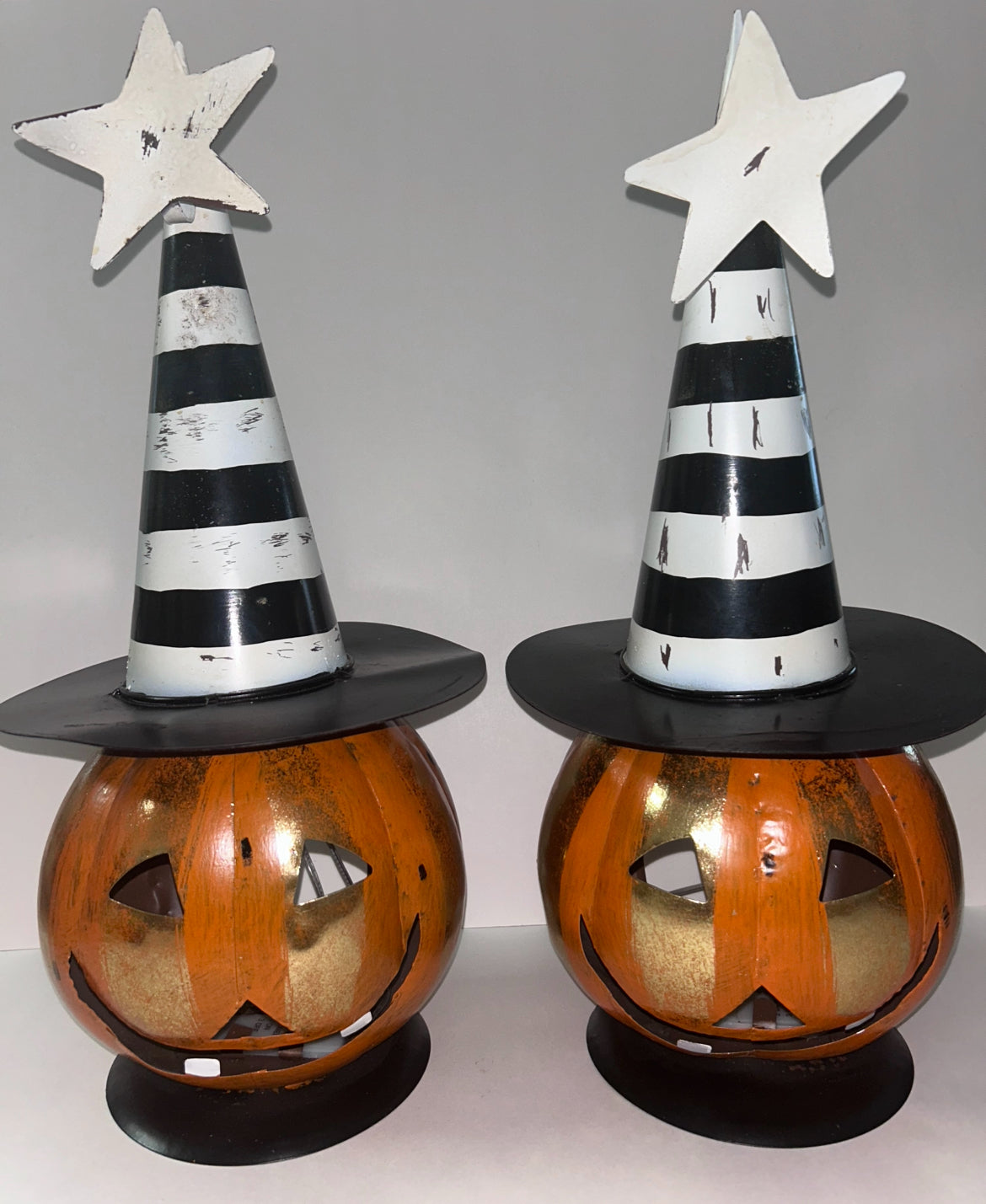 Pair of Metal Jack O Lantern Figurines With Black & White Hat & Led Lights