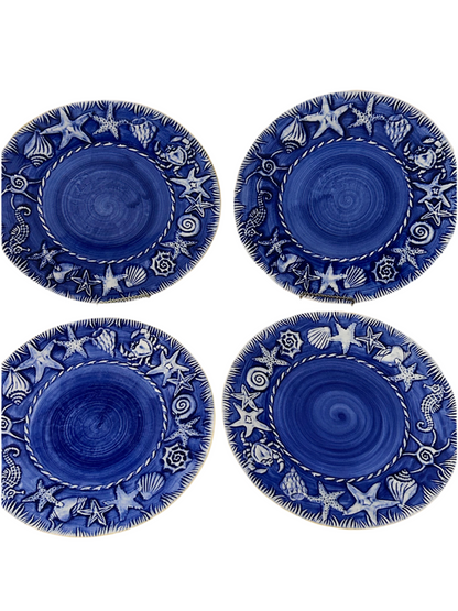 Unique Portuguese Coastal Treasures Stoneware/Ceramic Glazed (11”) Dinner Plates (Set of 4)