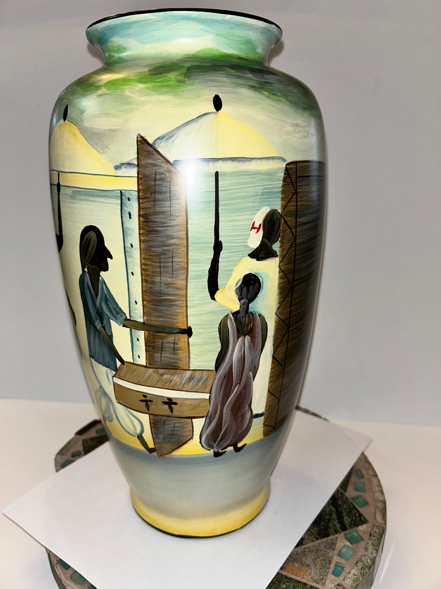 Barrington Collection 14" Hand-Painted Ceramic Vase - African Village Narrative Scene 14