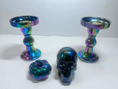 Title: 4-Piece Iridescent Halloween Decor Set:
Ceramic Skull & Pumpkin with Glass Pillar Candle Holders