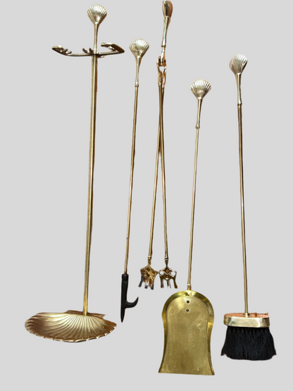 Vintage Brass Seashell Fireplace Tool Set (31”H)