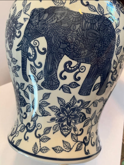 New Blue & White Porcelain 15" Elephant Lidded Jar Vase.