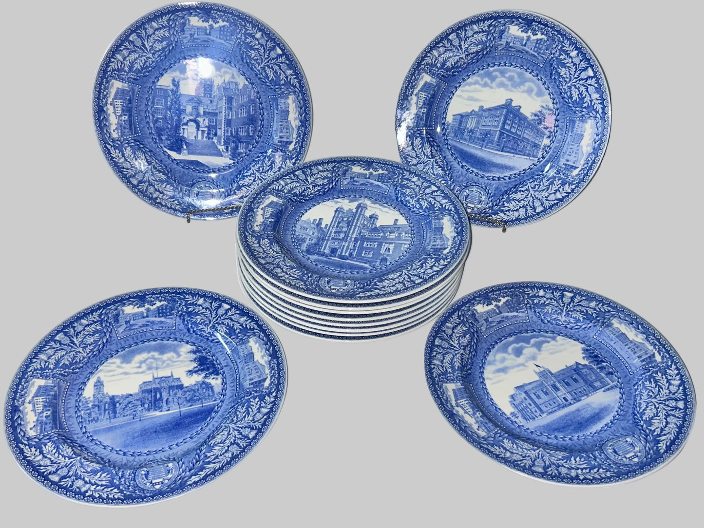 12pc Set Vintage 1929 Wedgwood England University of Pennsylvania Transferware Blue Plates