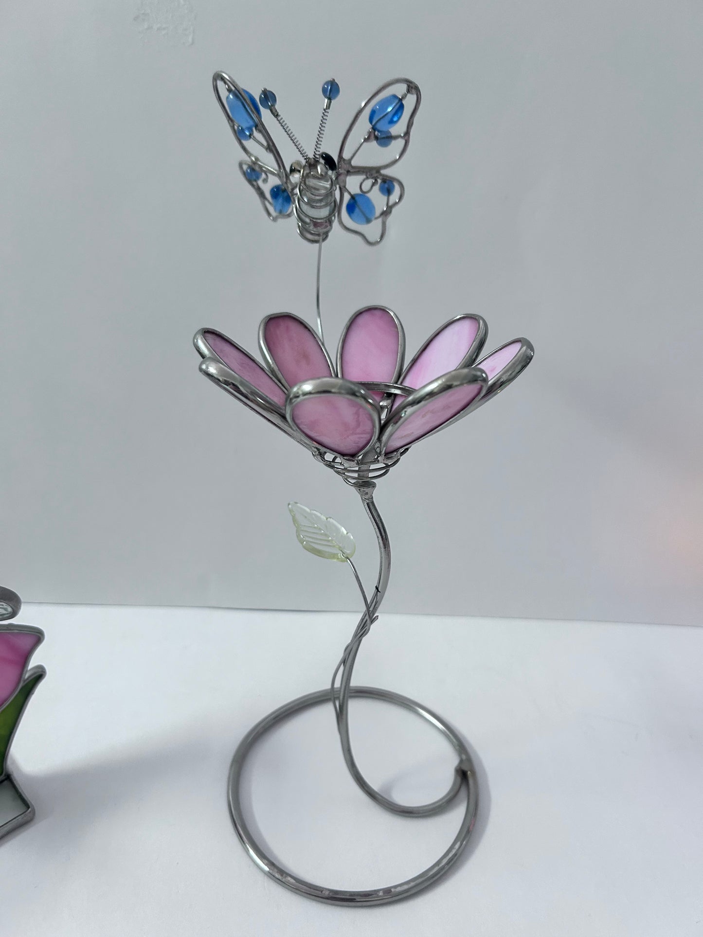 Vintage Stained Glass Candle Holder Lot (Set of 4) - Pink Flower with Blue Butterfly, Angel, Fairy Garden & Jeweled Votive Cup