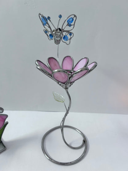 Vintage Stained Glass Candle Holder Lot (Set of 4) - Pink Flower with Blue Butterfly, Angel, Fairy Garden & Jeweled Votive Cup