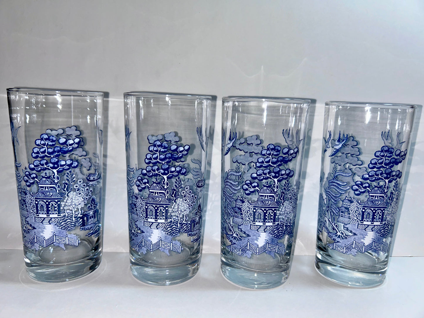 Vintage Johnson Brothers Willow Ware Blue Highball Glasses, Set of 4 (Made in England)
