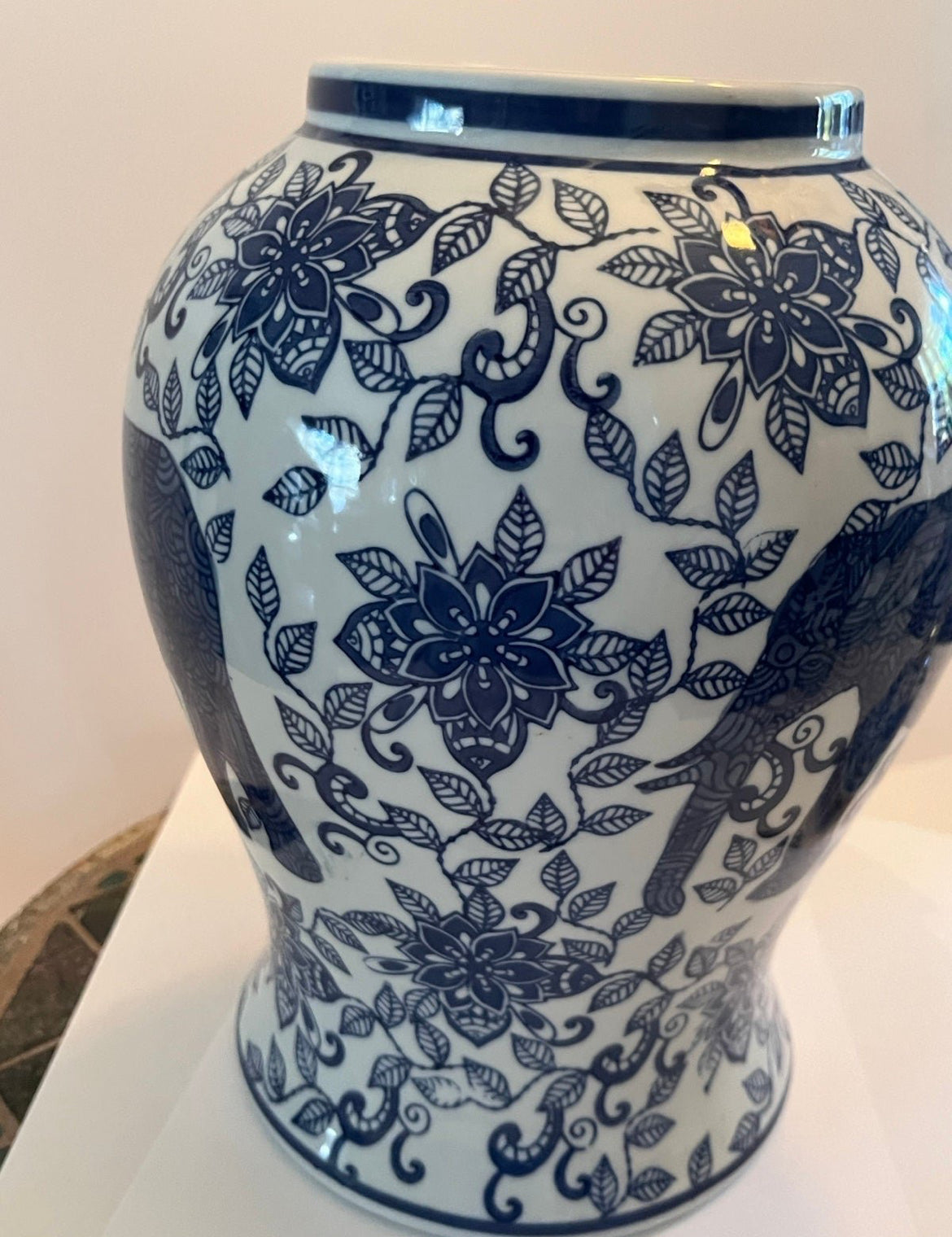 New Blue & White Porcelain 15" Elephant Lidded Jar Vase.