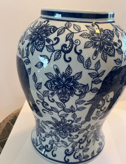 New Blue & White Porcelain 15" Elephant Lidded Jar Vase.