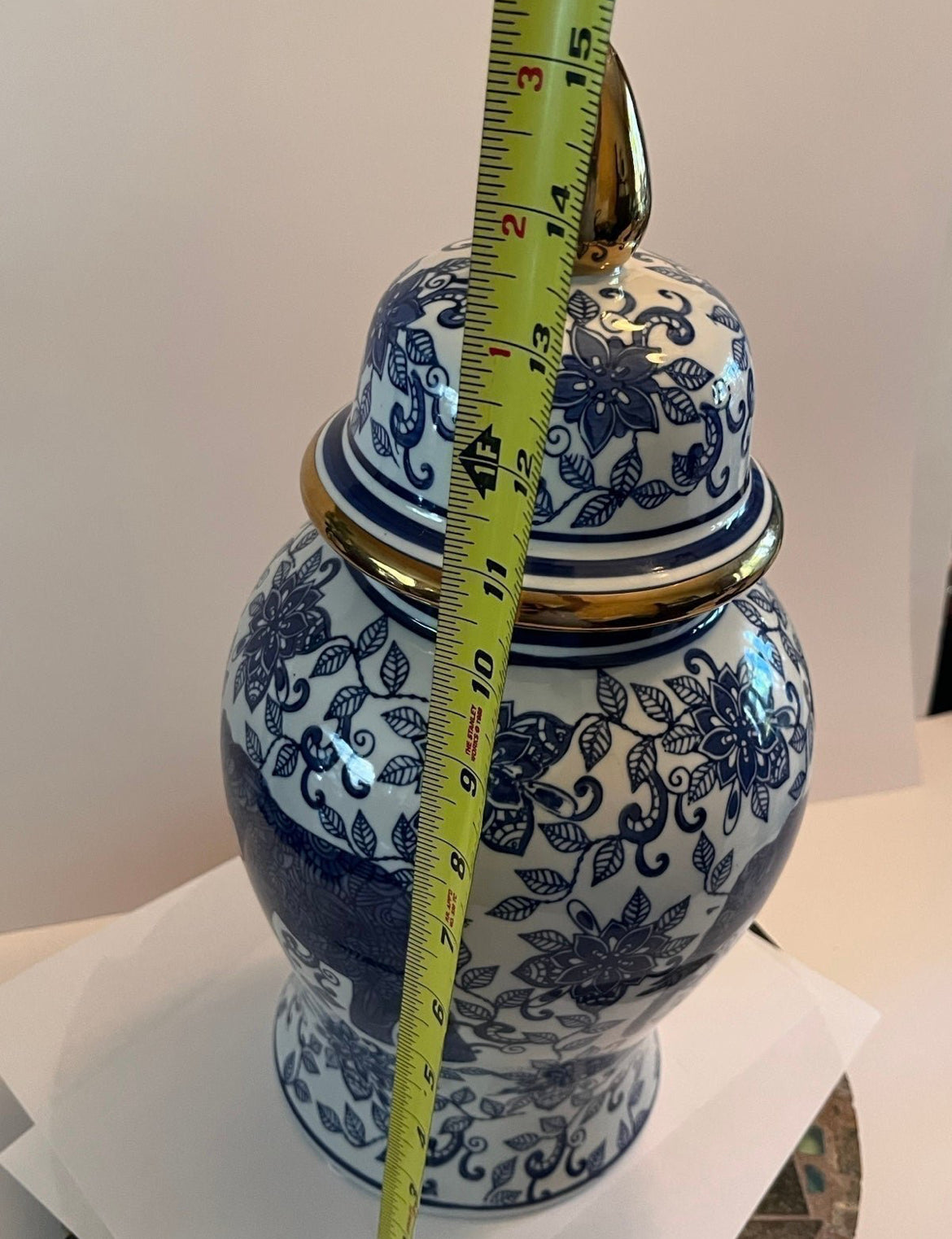 New Blue & White Porcelain 15" Elephant Lidded Jar Vase.