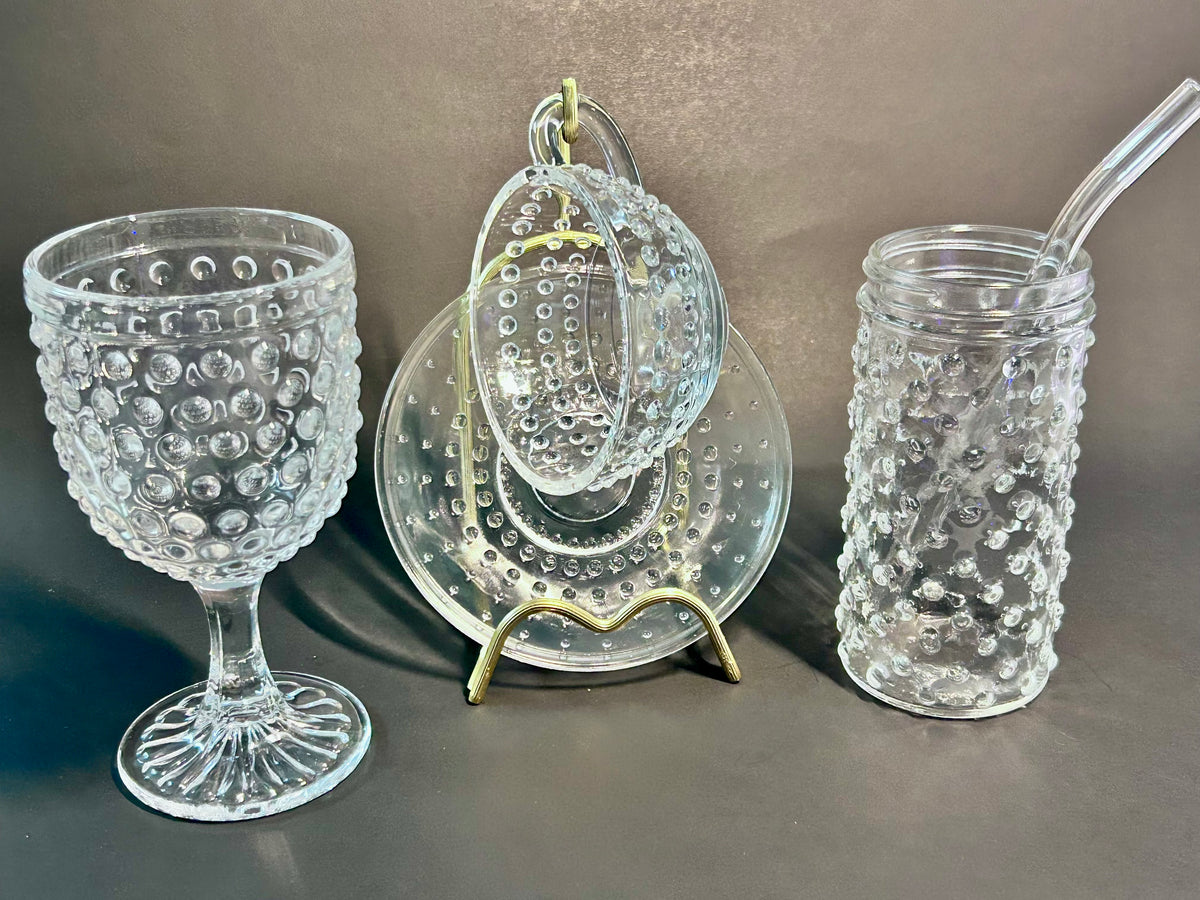 Clear Hobnail Glassware 4-Piece Set - Goblet, Tumbler with Glass Straw, Teacup & Saucer - Made in Portugal
