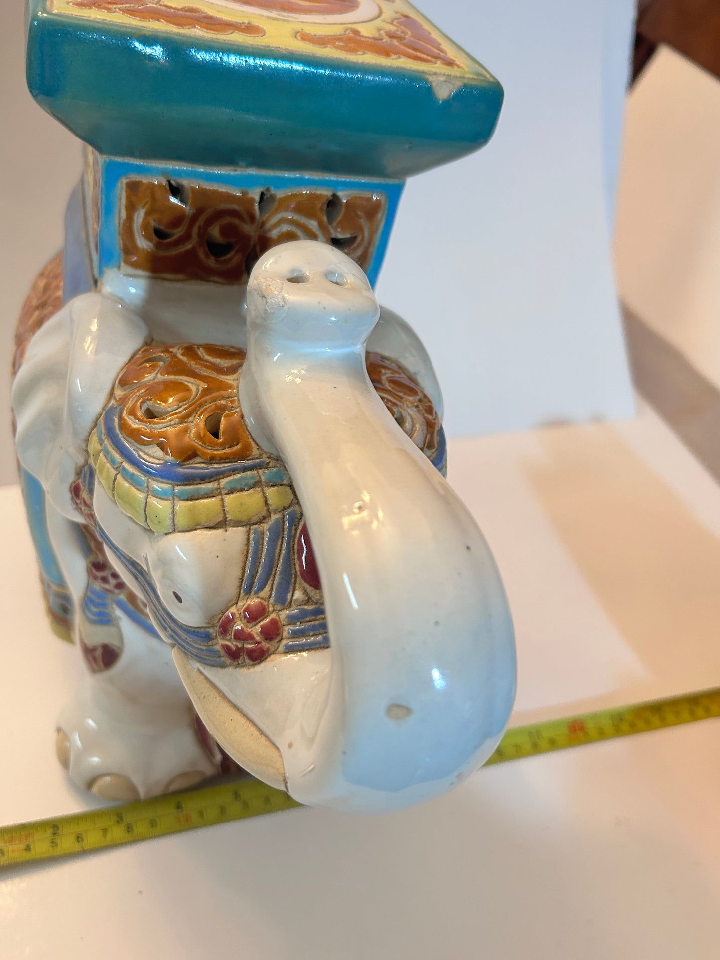 Vintage Chinese Export Style Ceramic Elephant Garden Stool / Plant Stand, 12”Tall, Chinoiserie Decor