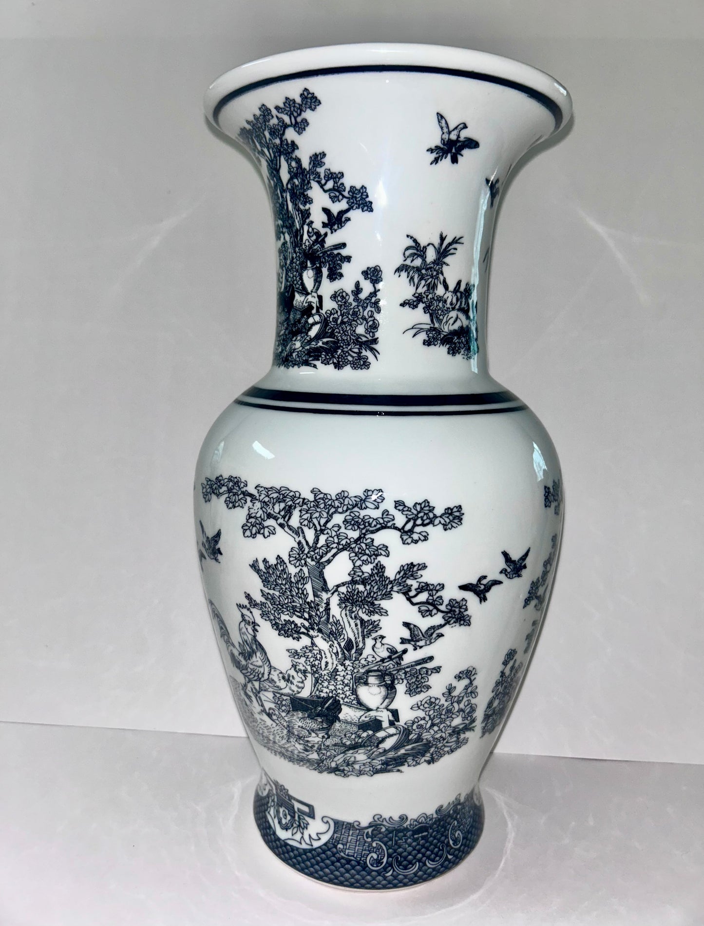 Vintage Black and White Porcelain Chinoiserie Vase - Rooster, Hen, & Rabbit Motif (14”)