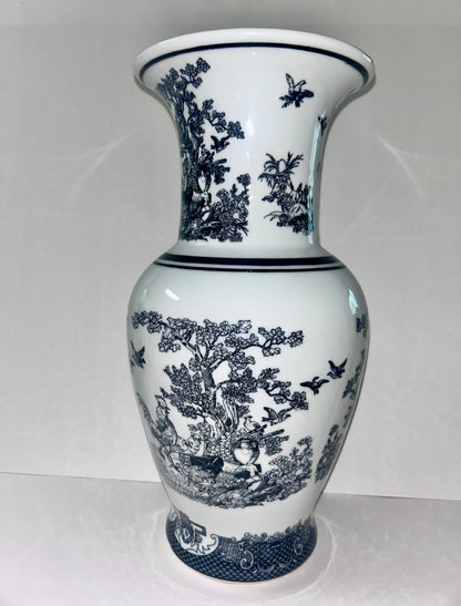 Vintage Black and White Porcelain Chinoiserie Vase - Rooster, Hen, & Rabbit Motif (14”)