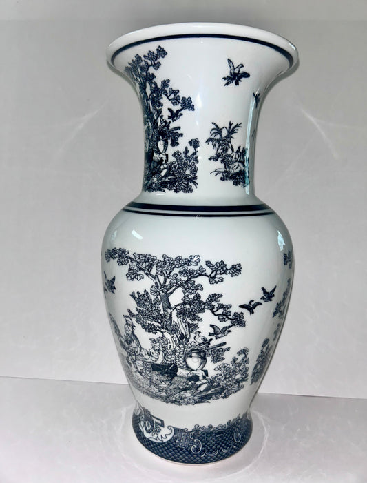 Vintage Black and White Porcelain Chinoiserie Vase - Rooster, Hen, & Rabbit Motif (14”)